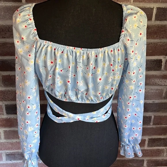 Long Sleeve Floral Crop Top Blouse with Tie Blue Red Yellow - Picture 4 of 10